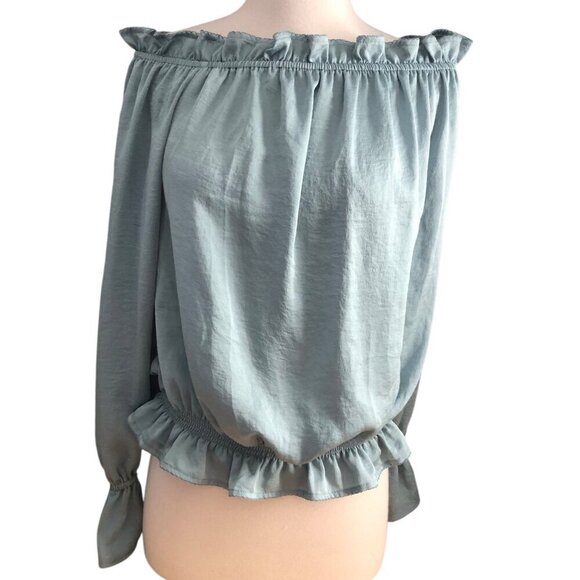 Express Tops - Express Satin Blouson Blouse size M Light Blue Off the Shoulder Ruffled Sleeve